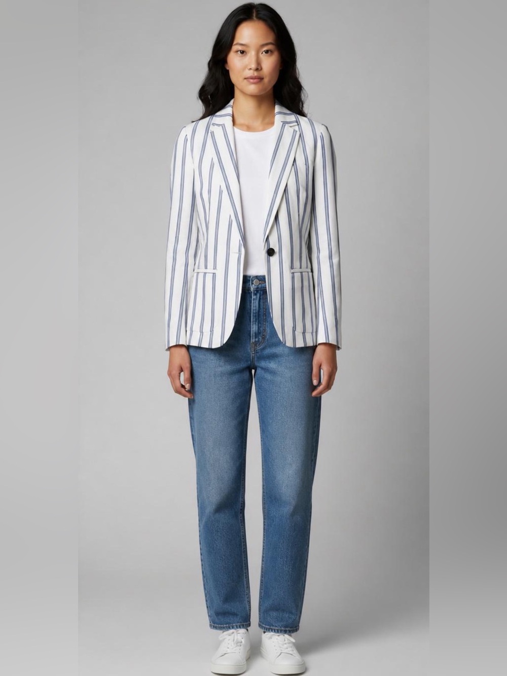 a new day White and Blue Striped Linen Blend Blazer